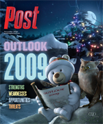 A polar bear and an owl read "Outlook 2009" in a snowy, moonlit scene with a decorated Christmas tree.