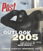 A giant ape on a skyscraper with biplanes in the sky. Text reads "Post Outlook 2005".
