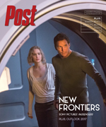 A man and a woman stand in a futuristic interior, looking ahead. Text on the cover reads "Post" and "New Frontiers".