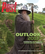 A wizard with a long beard and staff stands in a village with round doors and grassy hills.