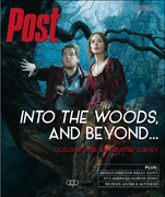 Two actors in costume stand in a dark, misty forest. Text reads "Post" and "INTO THE WOODS, AND BEYOND..."