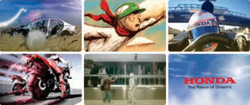 Collage of a car, a child, a race car driver, a motorcycle, astronauts, and the Honda logo.