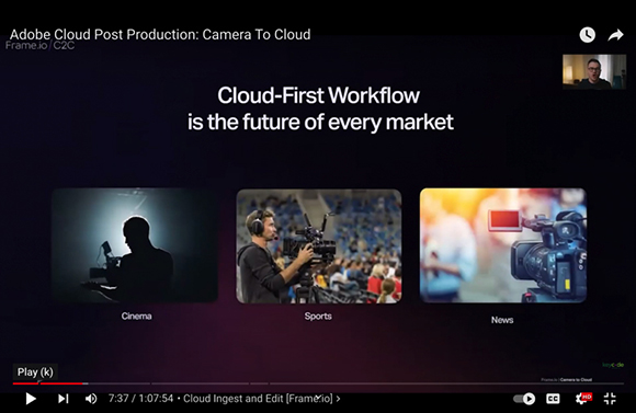 Presentation slide showing 'Cloud-First Workflow' text above images for Cinema, Sports, and News.