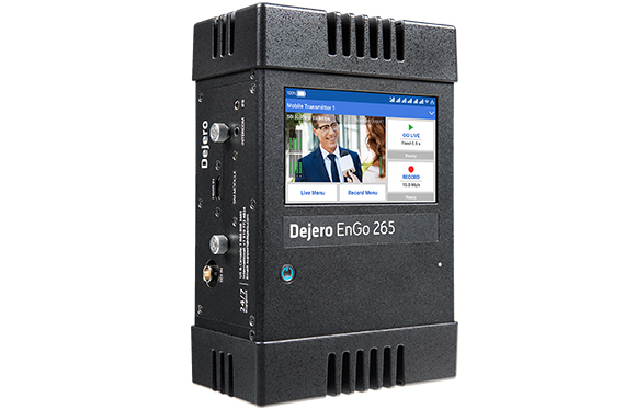 A black Dejero EnGo 265 mobile transmitter with a touchscreen display showing a video feed and control buttons.