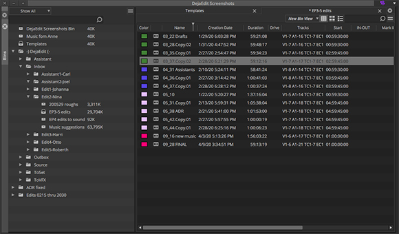 Software interface displaying a file bin with columns for color, name, creation date, duration, and drive.