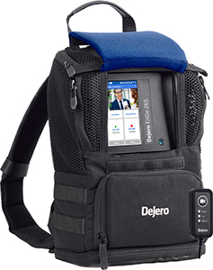 A black Dejero EnGo 265 backpack featuring a built-in touchscreen interface showing a video feed.