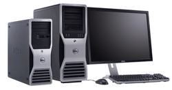 Two black and silver computer towers next to a monitor, keyboard, and mouse on a white background.