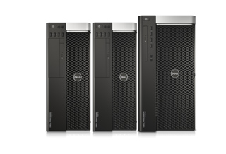 Three black Dell desktop computer towers of varying sizes arranged side by side against a white background.