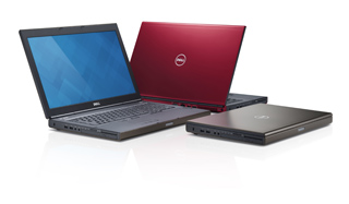 Three Dell laptops: one open with a blue screen, one closed with a red lid, and one closed in dark grey.