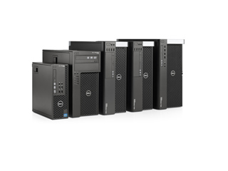 A row of six black Dell desktop computer towers of varying sizes and shapes against a white background.