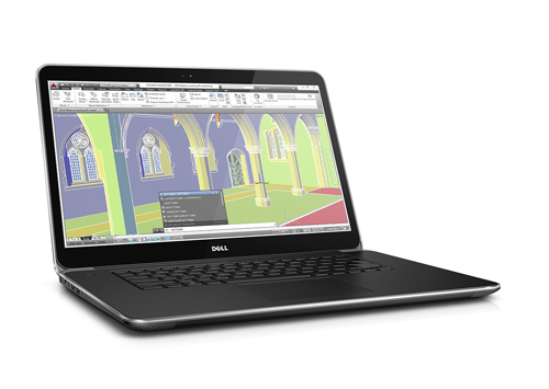 A silver Dell laptop open on a white background, showing a 3D architectural model of a cathedral interior.