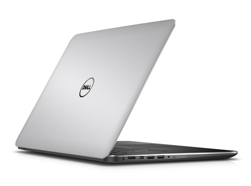 A silver Dell laptop partially open, viewed from a side angle against a white background.