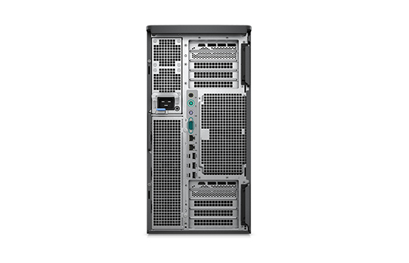 Rear view of a black computer tower showing various expansion slots, power supply, and input/output ports.
