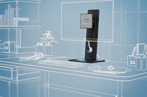 A black monitor stand mounted to a computer screen over a white line drawing of a desk on a blue background.