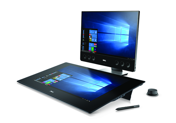 A Dell workstation featuring a vertical monitor above a large, horizontal touchscreen surface and a stylus.