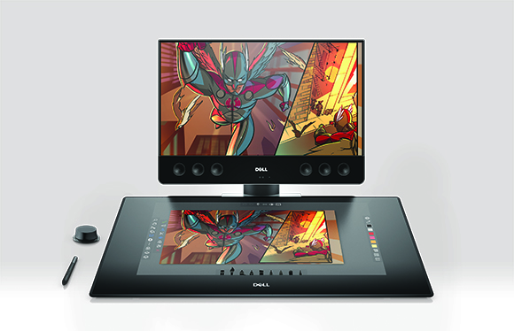 A Dell digital drawing tablet and monitor displaying colorful comic book artwork with a stylus and dial.