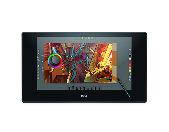 A black Dell pen display showing a vibrant superhero digital painting with a stylus resting nearby.