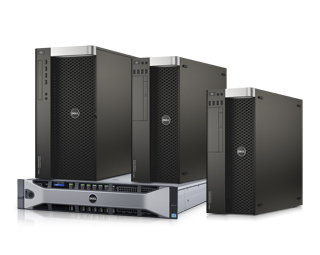 Four black Dell server towers and one rack-mounted server unit arranged on a white background.