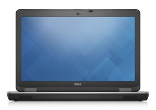 A dark gray Dell laptop with an open screen displaying a blue geometric pattern.
