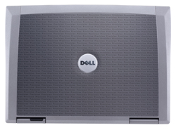 The closed lid of a silver and grey Dell laptop.