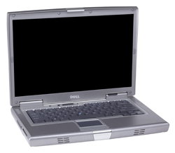 An open silver Dell laptop with a black screen and keyboard on a white background.