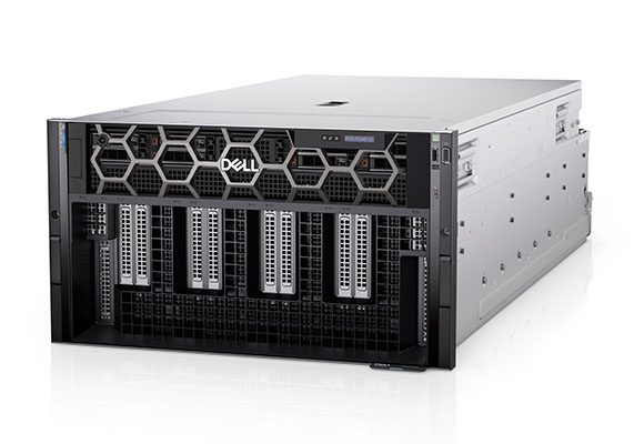 A silver and black Dell rack-mounted server with multiple drive bays on the front.