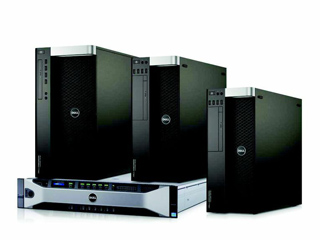 Four black Dell computer towers of varying sizes and one silver rack-mounted server unit.