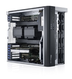 An open workstation computer case revealing internal graphics cards, circuit boards, and cooling components.
