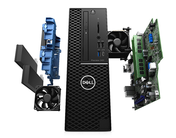 Exploded view of a black Dell Precision 3431 workstation showing internal components like fans and a motherboard.