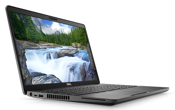A dark gray Dell laptop is shown at an angle, open with the screen displaying a vibrant waterfall scene. The laptop has a bla
