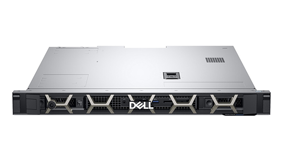 Front view of a silver Dell rack server with various ports and a patterned metal grille.