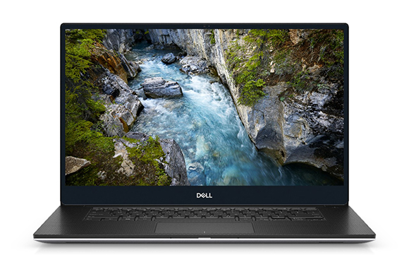 A Dell laptop open on a white background, showing a river flowing through rocks on its screen.