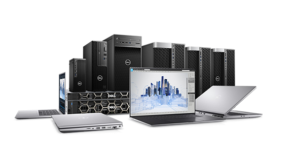 Various Dell desktop towers, servers, laptops, and a portable workstation arranged on a white background.