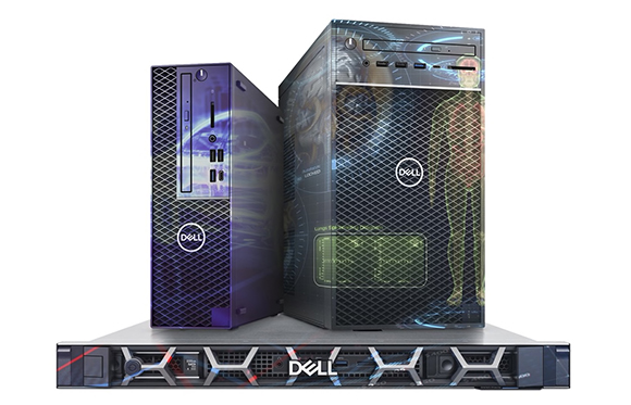 Three Dell desktop computers with colorful, futuristic graphic designs on their cases.