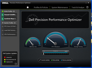 Dashboard of Dell Precision Performance Optimizer showing memory, CPU, and storage usage gauges.