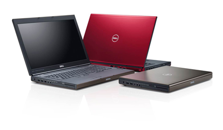 Three Dell laptops: one open facing forward, one open showing a red lid, and one closed.