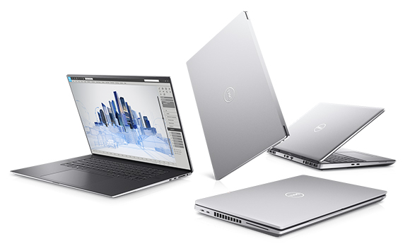 Four silver Dell laptops displayed at various angles on a white background.