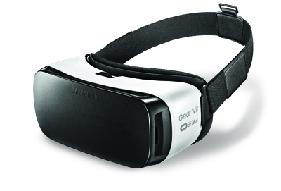 A black and white Samsung Gear VR headset against a white background.