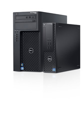 Two black Dell desktop computer towers of different sizes standing side by side.