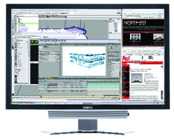 A Dell monitor showing a complex 3D CAD modeling program alongside a web browser window.