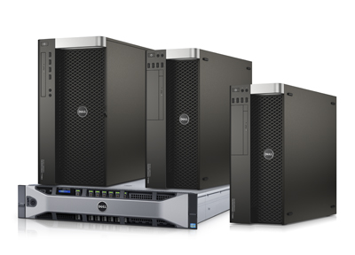 Four black Dell computer towers and one rack-mounted server unit arranged on a white background.