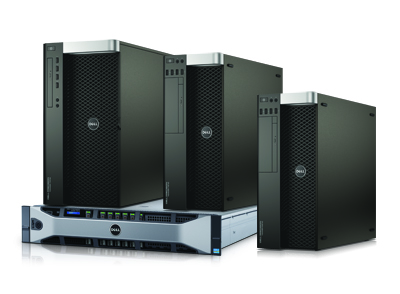 Four black Dell desktop computer towers of varying sizes arranged above a silver rack-mounted server.