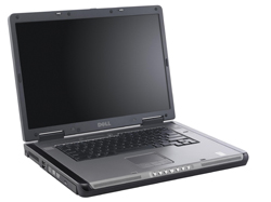 A silver Dell laptop with an open screen and black keyboard on a white background.