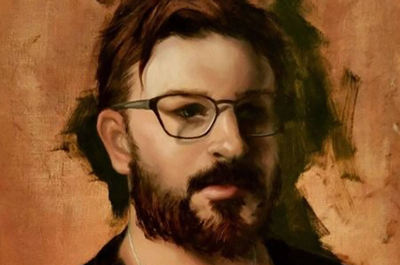 Oil painting portrait of a man with dark hair, glasses, and a beard against a textured brown background.