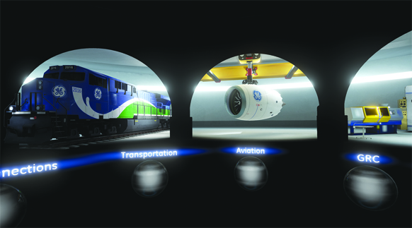 Digital graphic with circular windows showing a train, a jet engine, and industrial machinery.