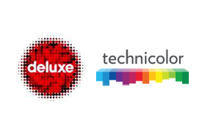 Deluxe logo with a red halftone circle and Technicolor logo with a multicolored spectrum bar.