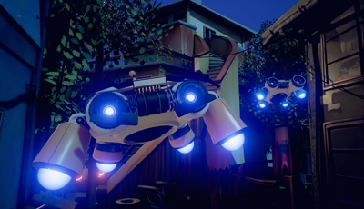 Two white robotic drones with glowing blue lights hover between buildings in a dark alley.