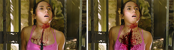 Two side-by-side images of a woman with blood splattered on her neck and pink top.