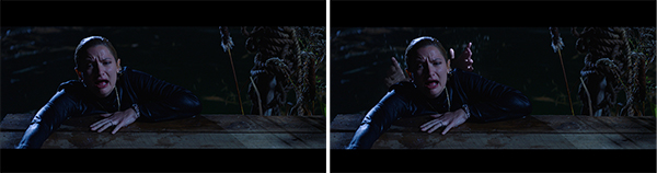 Two side-by-side frames of a woman with a distressed expression leaning over a dark wooden table.