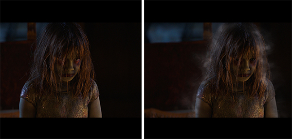 Two side-by-side shots of a young girl with long hair in a dark setting, one with a misty overlay.